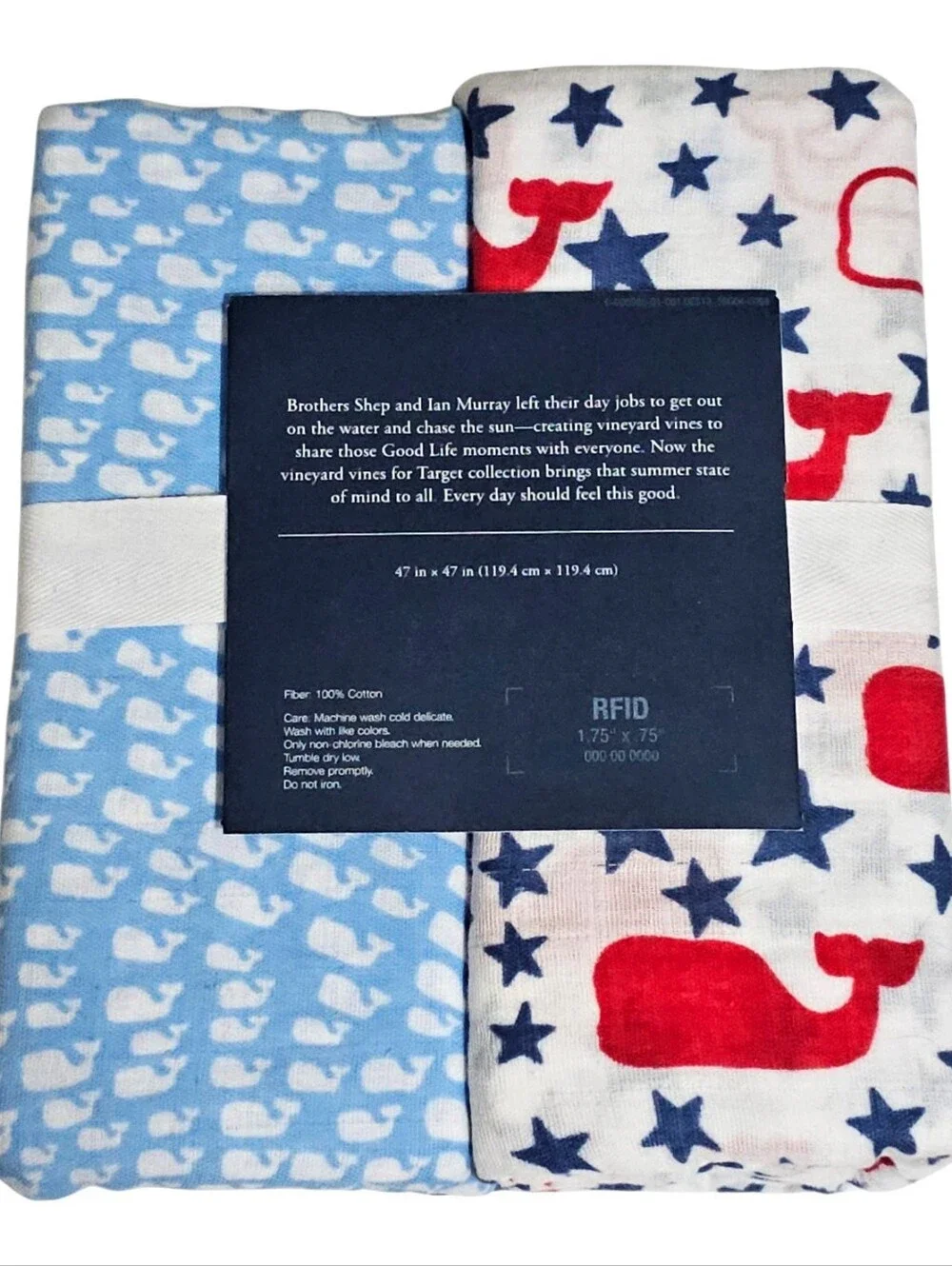 VINEYARD VINES 2pk Muslin Swaddle Blanket Vineyard & Patchwork Whale